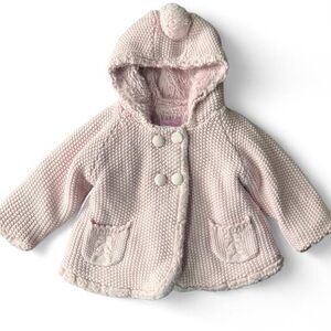 Mayoral Baby Pink Knit Hooded Coat Pom Pom Faux Fur Lined 6-9 Months Boutique